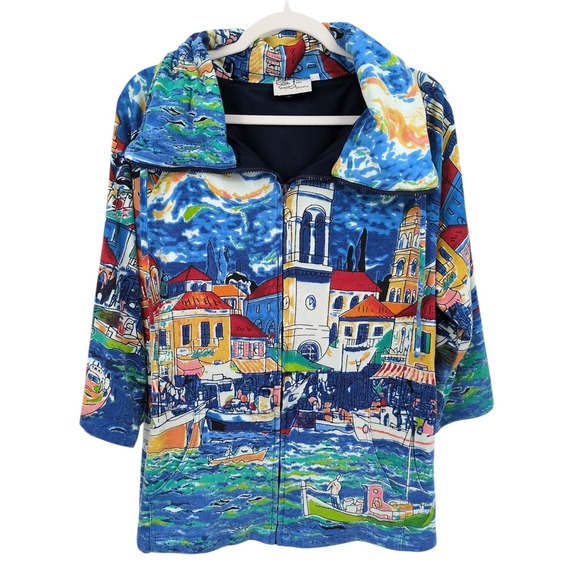 Michael Leu Art to Wear Jacket Zip Up XL Unique Colorful Print Coastal Village - Picture 1 of 8